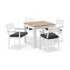 Balmoral 4 Seater Square Teak Top Aluminium Dining Table White With Capri Chairs & Denim Grey Cushions