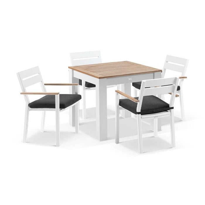 Balmoral 4 Seater Square Teak Top Aluminium Dining Table White With Capri Chairs & Denim Grey Cushions