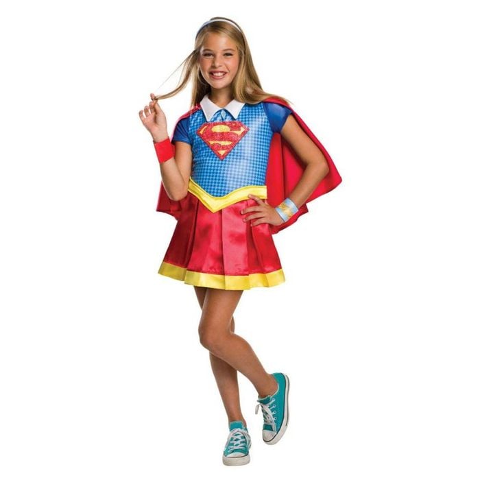 Supergirl Deluxe Halloween Costume for Kids Top Skirt Cape Headband Cuffs Superhero, 3-5-YRS