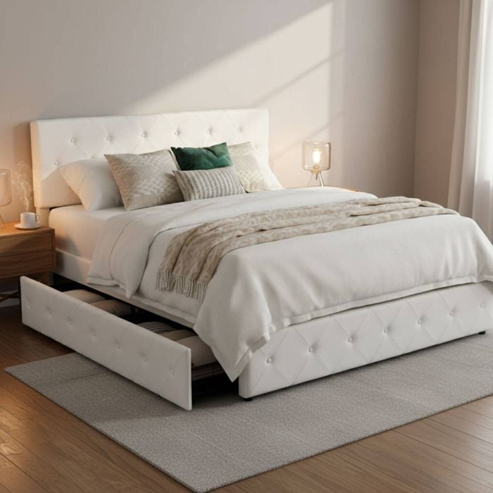 Levede Tufted Bed Frame with 4 Drawers Queen - White