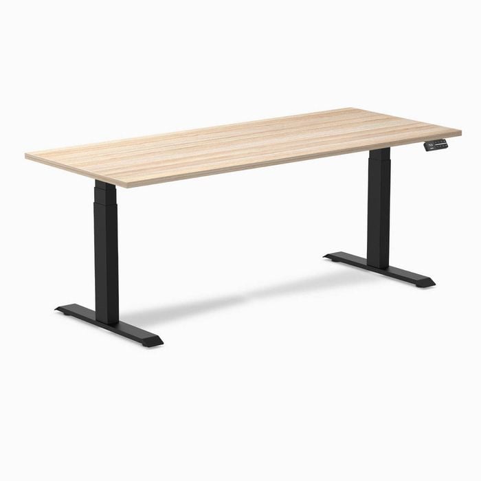 Desky Dual Sit To Stand Classic Oak Melamine Desk 180x75cm Matte Black Height Adjustable Legs