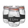 Argon Tableware 3x Glass Storage Jars & Labels Set - 1l/33.8oz 4 Colour Seals Airtight Kitchen Storage Container Preserving Jar