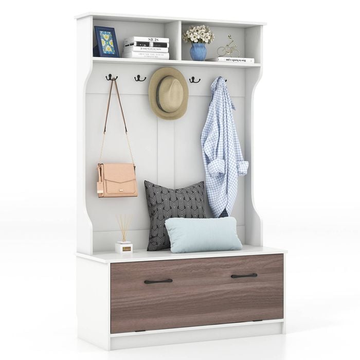 Costway 160cm Hall Tree Coat Clothes Rack Shoe Storage Bench, White