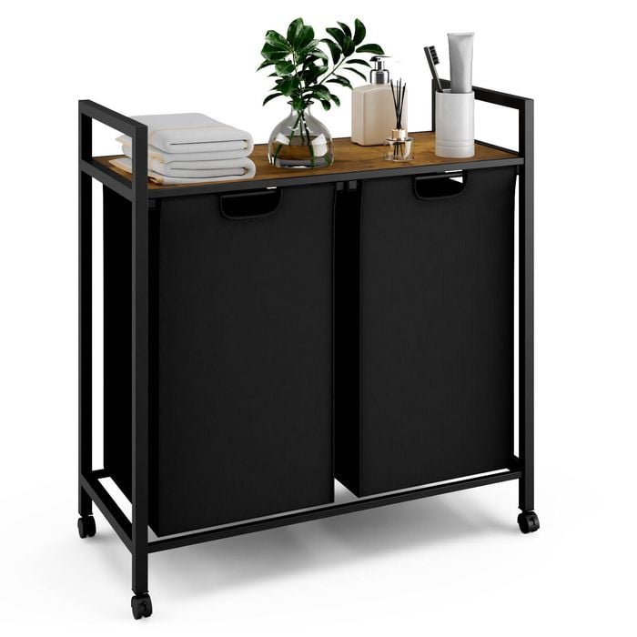 Ufurniture Laundry Hamper Laundry Basket Organizer with Shelf 2 Pull-Out Removable Bags 2x45L Black & Rustic Brown