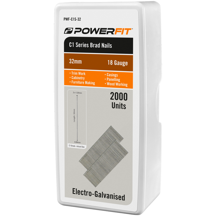 PowerFit 32mm C1 Series Electro-Galvanised Brad Nails – 2000 Pack