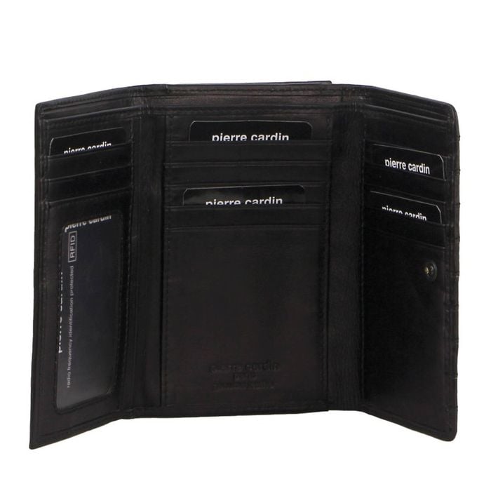 Pierre Cardin Stich Design Leather Ladies Large TriFold Wallet in Black