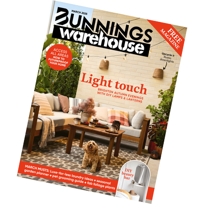 Tilted Front cover of the 2025 March edition of the Bunnings Magazine
