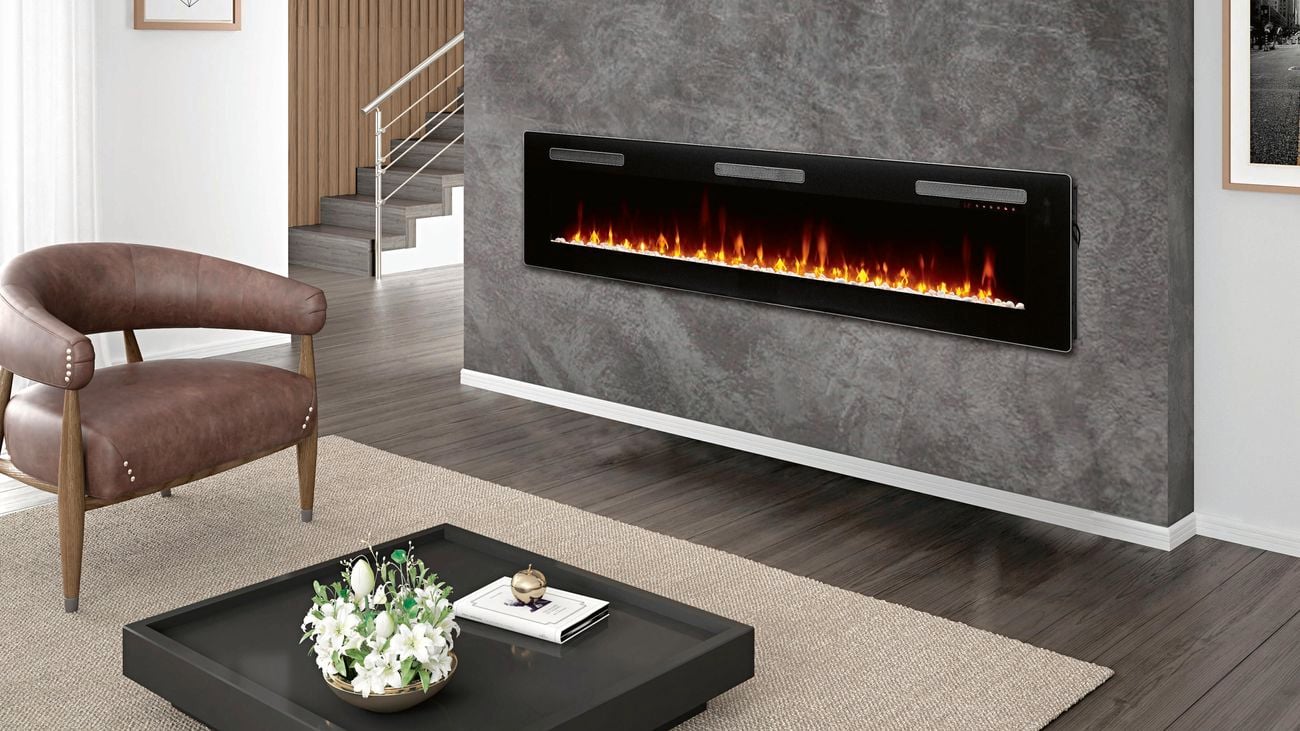 Living room with electric fireplace, black coffee table and brown leather chair
