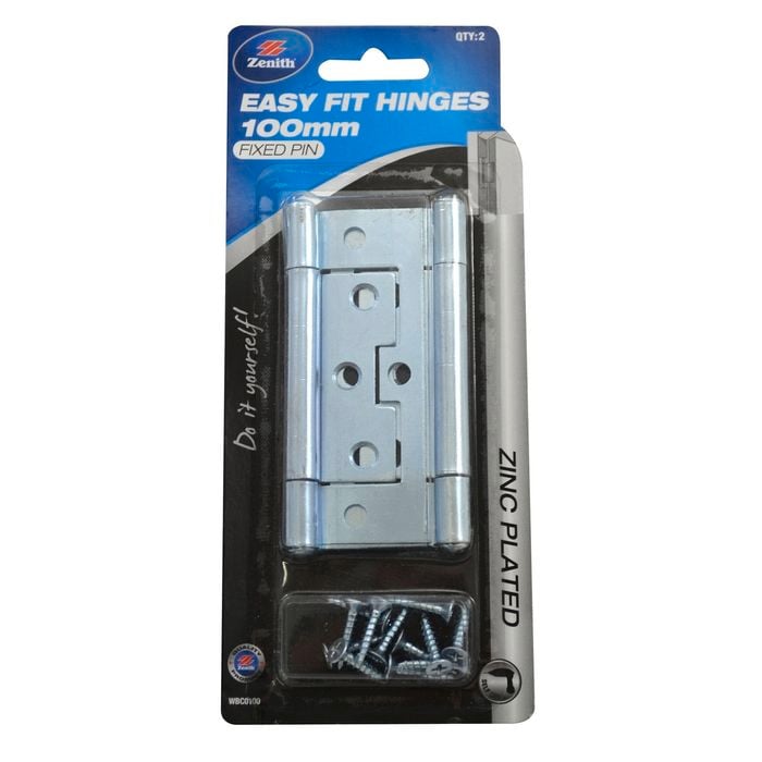 Zenith Easy Fit Hinge 100mm Zinc Plated Fixed Pin  2pk