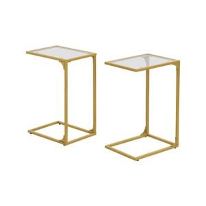 IHOMDEC Tempered Glass with Metal Frame C-Shaped End Side Table Set of 2 Gold