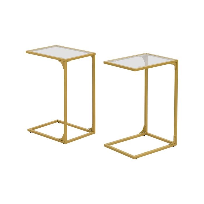 IHOMDEC Tempered Glass with Metal Frame C-Shaped End Side Table Set of 2 Gold