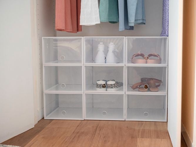 Storage boxes for shoes in closet 