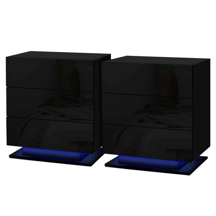 Artiss 2x Bedside Table LED 3 Drawers - MORI Black