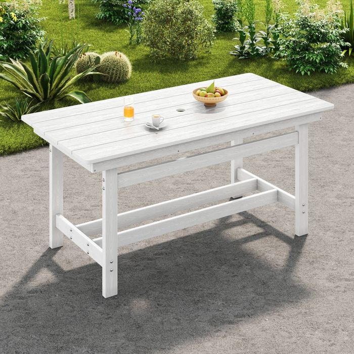 Homfurn Rectangle Hdpe Outdoor Dining Table With Wood Texture, Rectangle Outdoor Dining Table With An Umbrella Hole, White