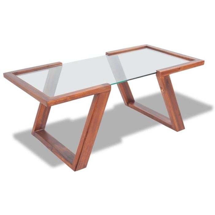 vidaXL Solid Acacia Wood Sofa Side Coffee Tea Table Glass Top Modern Furniture