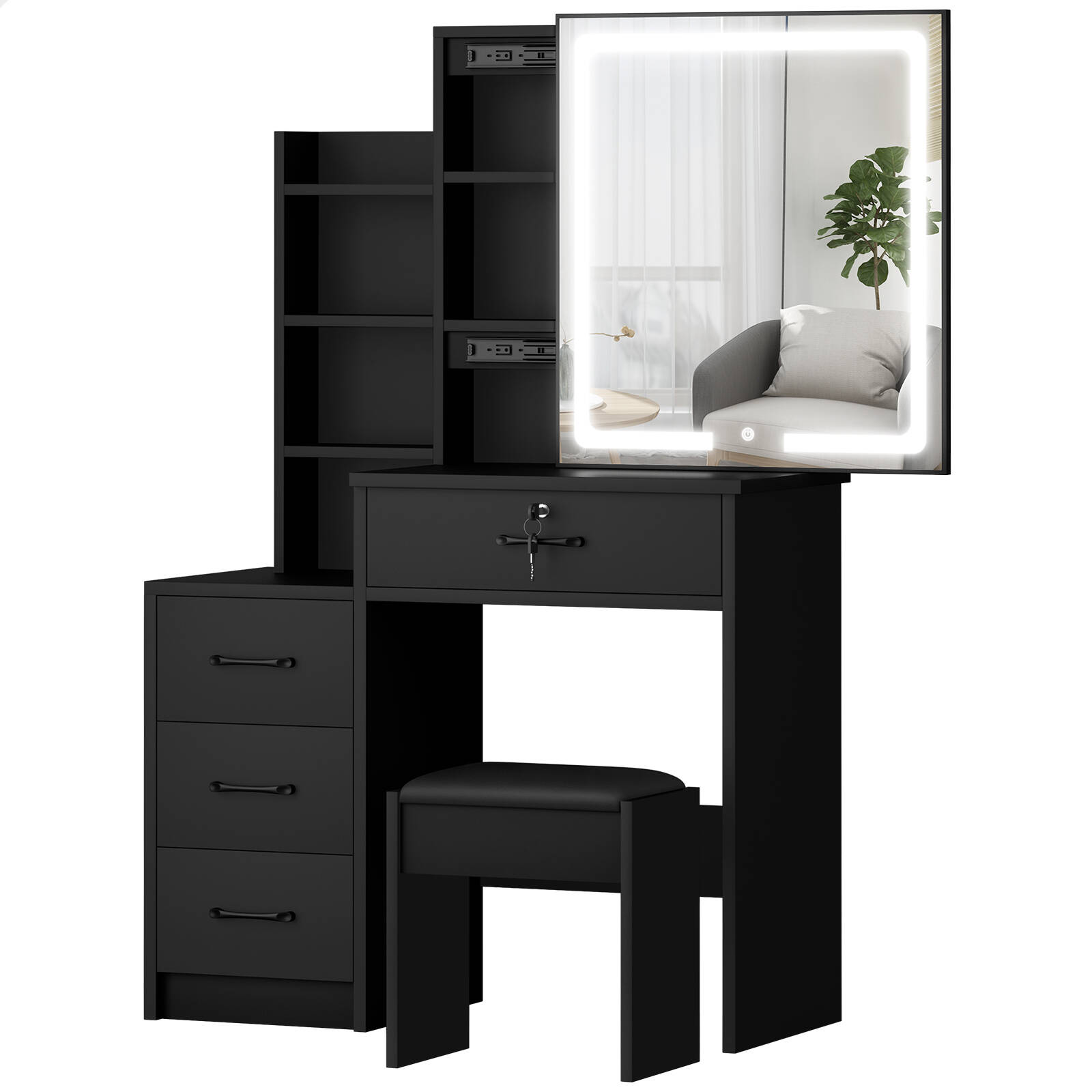 ALFORDSON Dressing Table Stool Set Black - Bunnings Australia