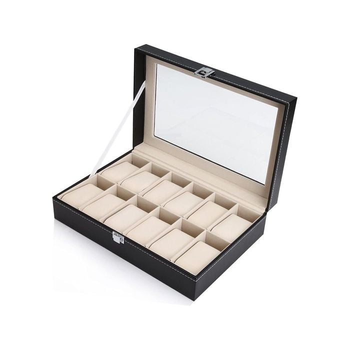 Black PU Leather Watch Organizer Display Storage Box Cases for Men & Women (12 slots)
