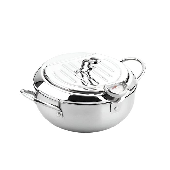 NNEOBA 24cm Deep Frying Pot with Thermometer and Lid Silver