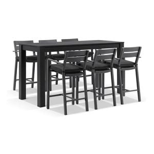 Santorini Outdoor Aluminium 2m Bar Table Charcoal With 6 Stools & Denim Grey Cushions