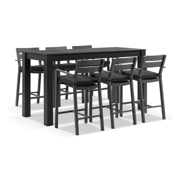 Santorini Outdoor Aluminium 2m Bar Table Charcoal With 6 Stools & Denim Grey Cushions