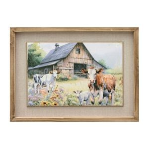 P&P Multicolour Cows And Barn Canvas Print With Fir Wood Frame
