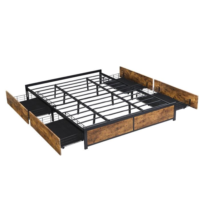 Levede King Metal Bed Frame – Wooden Platform With 4 Drawers, Rustic Finish