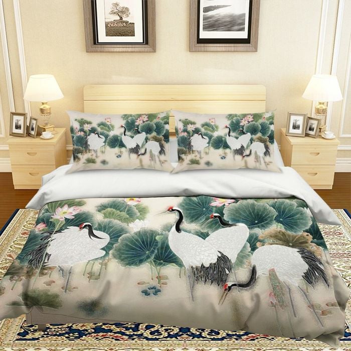 3D Lotus Crane 346 Bed Pillowcases Quilt King Size