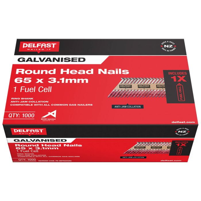Delfast 65 x 3.1mm Roundhead Ring Shank HD Galv Nails with Fuel Cells - 1000 Pack