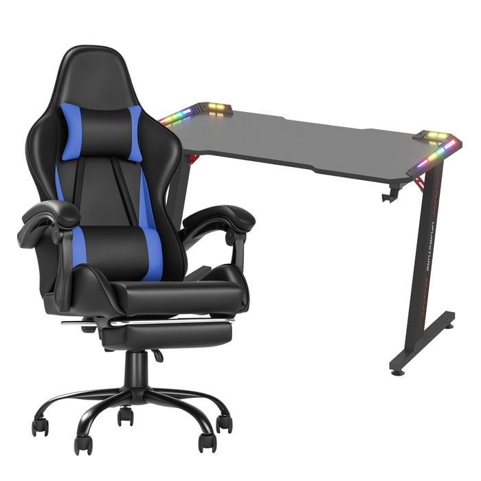 Advwin Gaming Office Desk 120cm Led Light & Gaming Chair With Footrest Blue