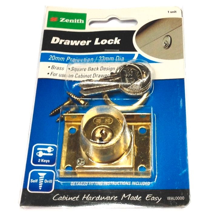 Zenith Drawer Lock 20mm Brass