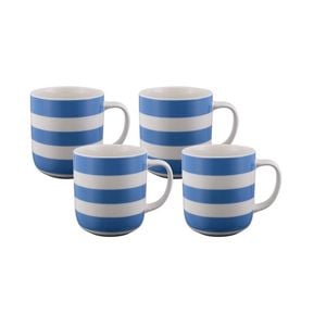 Bundanoon New Bone China Coffee & Tea Mugs Set 4 - Blue Nautical Stripes 400ml