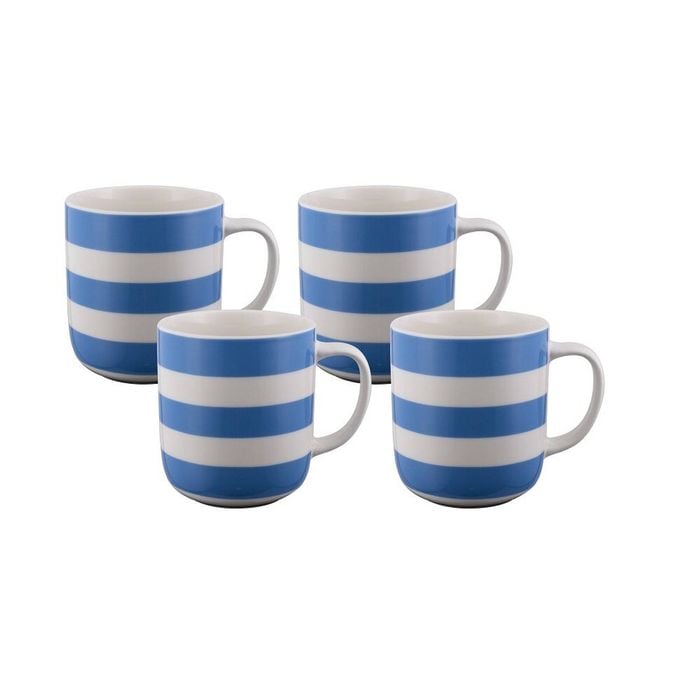 Bundanoon New Bone China Coffee & Tea Mugs Set 4 - Blue Nautical Stripes 400ml