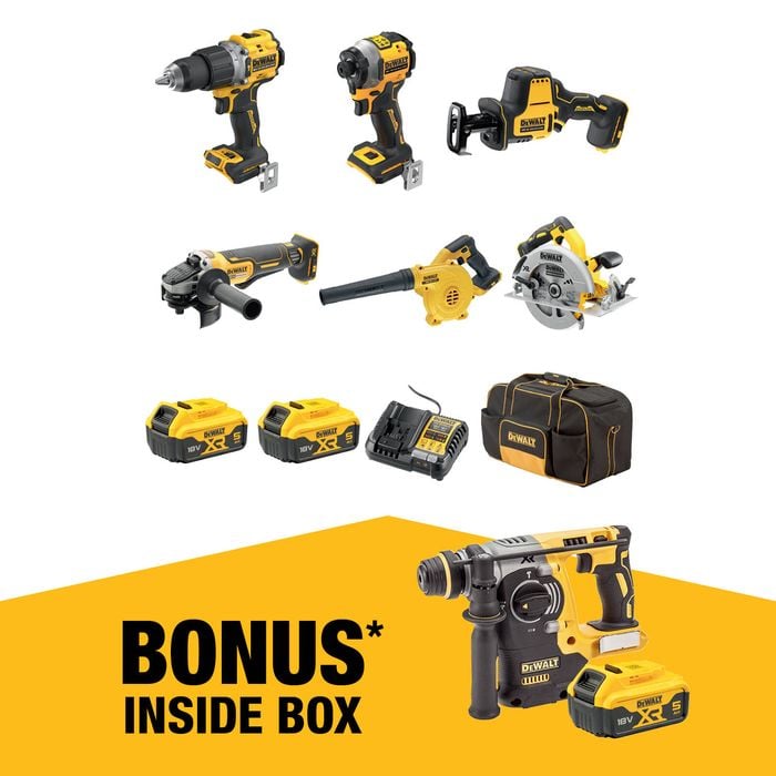 DeWALT 18V XR 5.0Ah 6 Piece Combo Kit with Bonus Rotary Hammer Drill & Battery DCZ601P2B-XE