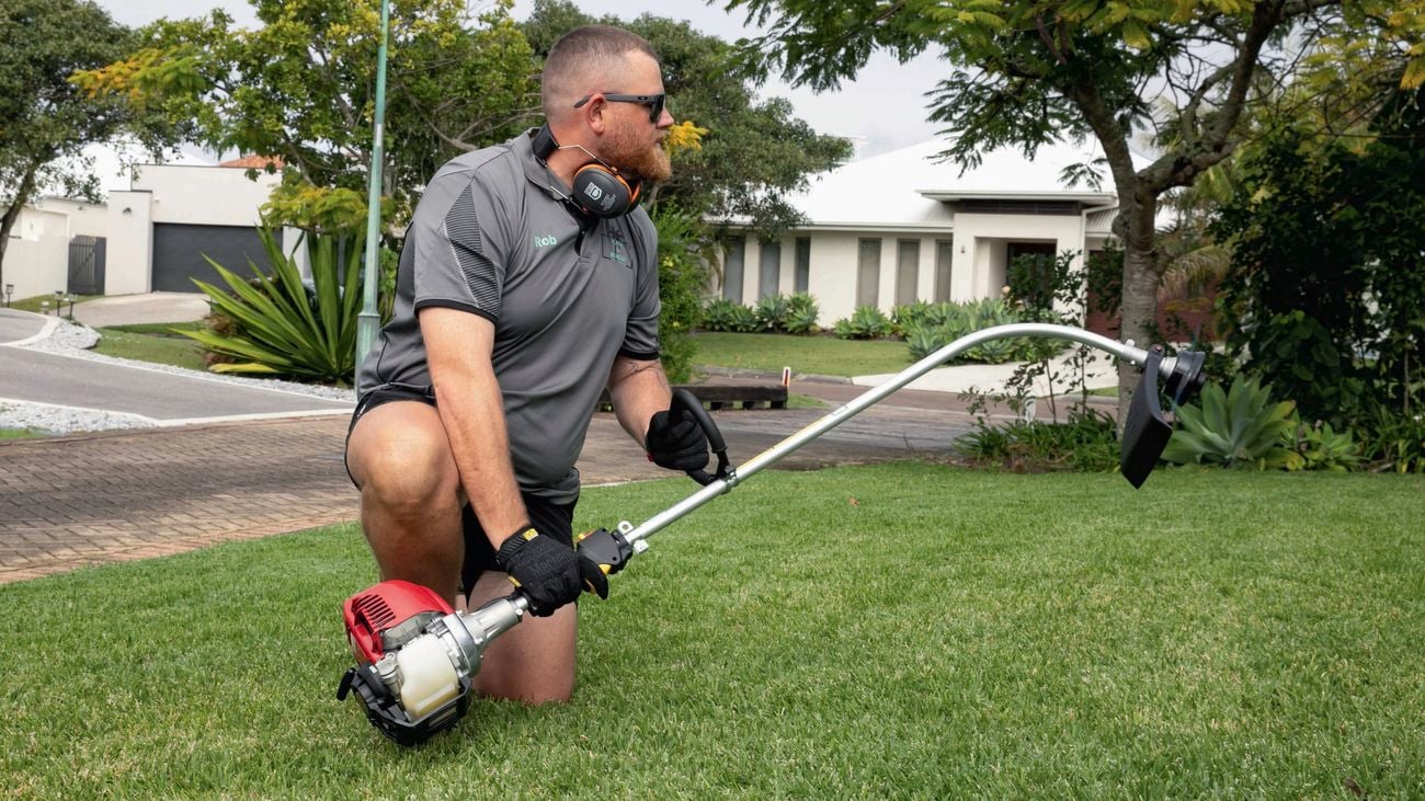 Person mowing grass in a residential yard with warm sunlight in the background.