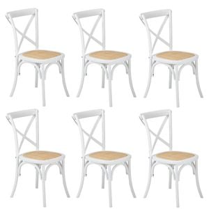 Oikiture 6PCS Crossback Dining Chair Solid Birch Timber Wood Ratan Seat White