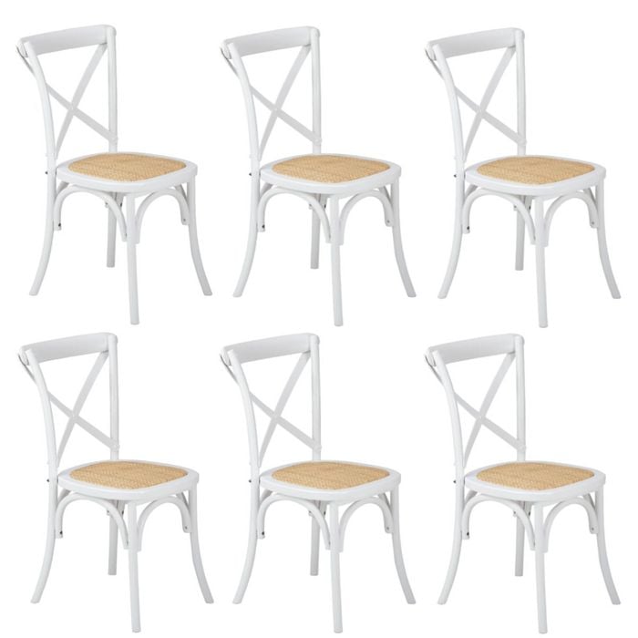 Oikiture 6PCS Crossback Dining Chair Solid Birch Timber Wood Ratan Seat White