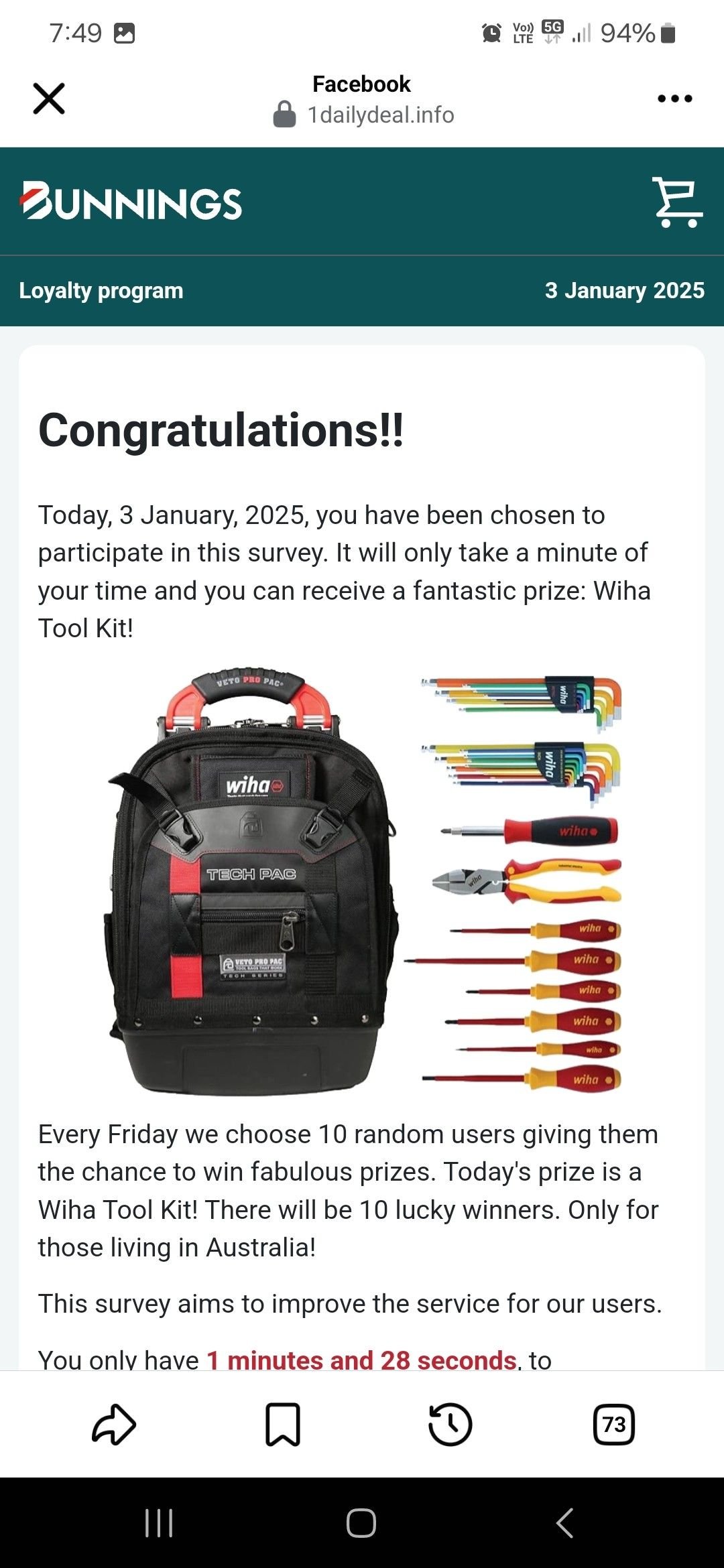Wiha products falsely advertised on Facebook pretending to be a bunnings website