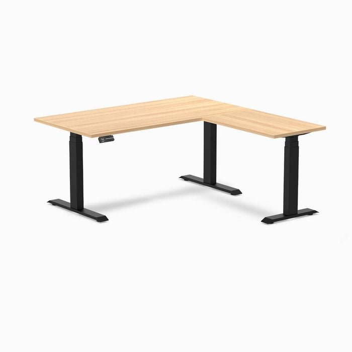 Desky Eco L-shape Sit To Stand Sublime Teak Melamine Desk 1500x1550mm Matte Black Height Adjustable Leg