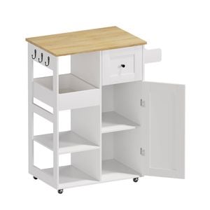 Ufurniture Kitchen Island on Wheels Serving Utility Cart with Storage Cabinet, Towel Bar, Hooks and Drawer White