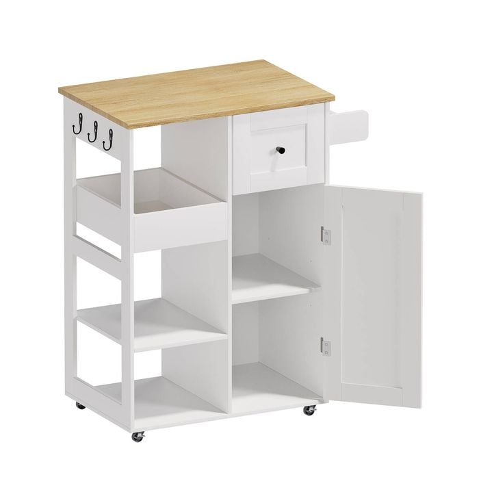 Ufurniture Kitchen Island on Wheels Serving Utility Cart with Storage Cabinet, Towel Bar, Hooks and Drawer White