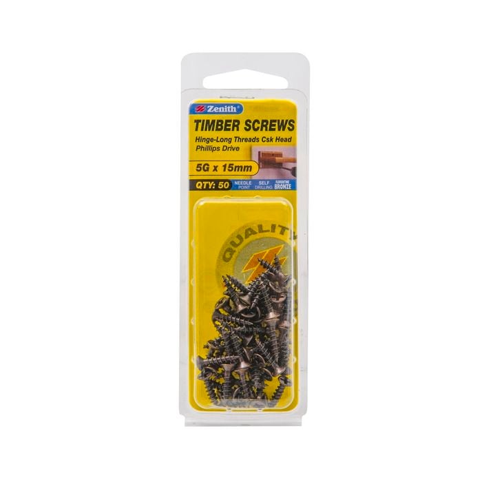 Zenith 5G x 15mm Florentine Bronze Hinge-Long Threads Countersunk Head Timber Screws - 50 Pack