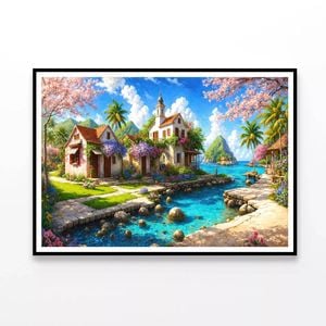 Town with Sea Oil Painting  Print 100% Australian Made 120x90cm  (Poster)