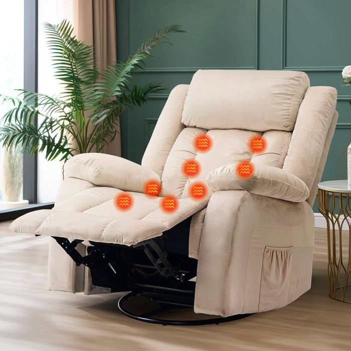 Ufurniture Massage Recliner Chair 140°Tilt 8 Point Heated Vibration Beige Recliner Chair for Adults 270° Rotate Circular Base
