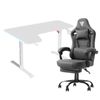 Advwin 140cm White Gaming Desk RGB LED Light & Gaming Chair with Footrest Fabric Gray