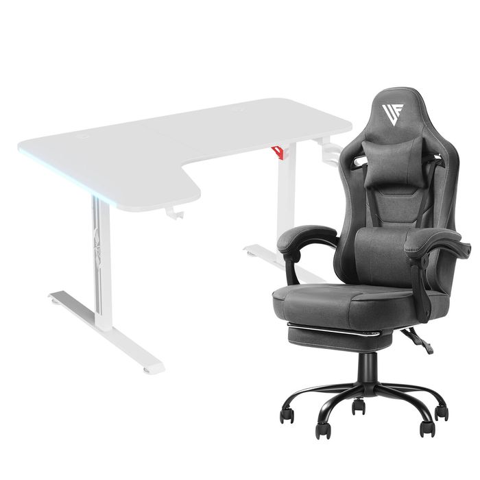 Advwin 140cm White Gaming Desk RGB LED Light & Gaming Chair with Footrest Fabric Gray