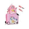 Costway 2pc Kids Ride-on Luggage Set 18" +12" Backpack Unicorn Travel Trolley Suitcase Set, Pink