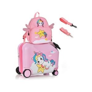 Costway 2pc Kids Ride-on Luggage Set 18" +12" Backpack Unicorn Travel Trolley Suitcase Set, Pink