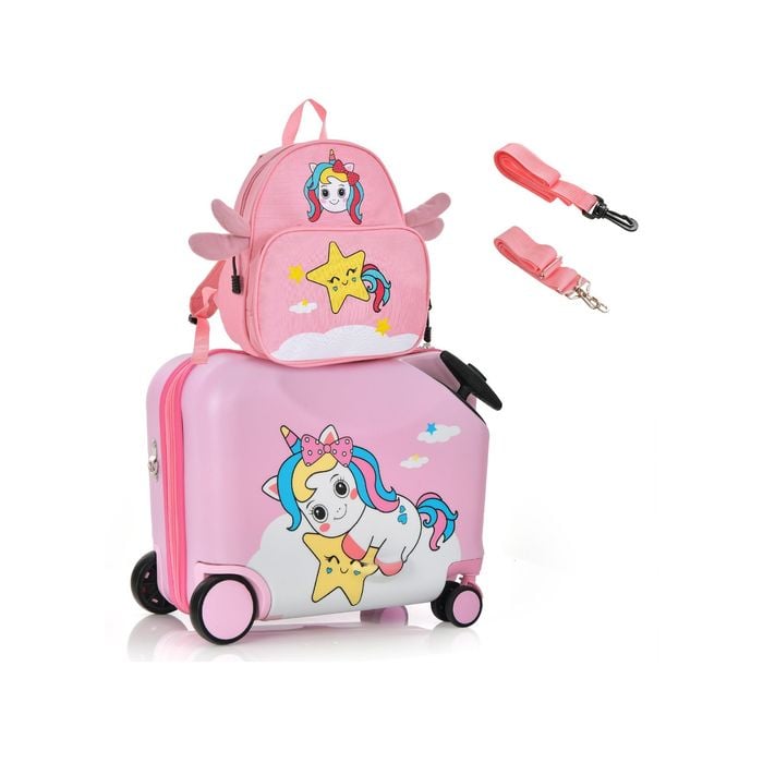 Costway 2pc Kids Ride-on Luggage Set 18" +12" Backpack Unicorn Travel Trolley Suitcase Set, Pink