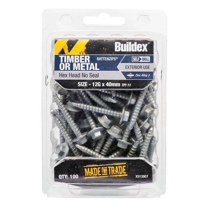 Buildex Timber or Metal Batten Zip ZA3 Hex Head No Seal Screws 12g x 40mm Bx100 X513907 - 100 Pack