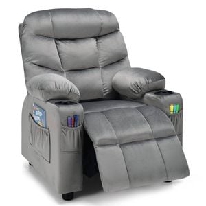Costway Kids Velvet Sofa Adjustable Recliner with Cup Holder&Side Pocket Grey